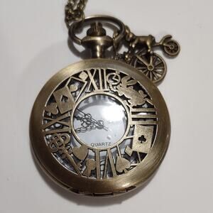 Genuine Bronze Pocket Watch Alice In Wonderland W/ Charm Christmas Birthday Gift
